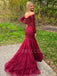 Off Shoulder Long Sleeves Burgundy Tulle Appliques Mermaid Lace Long Evening Prom Dresses, MR7590