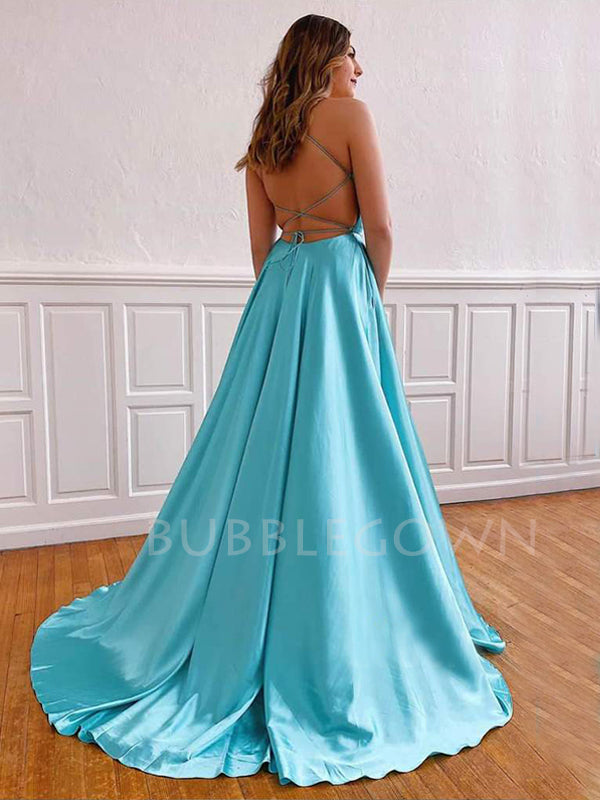 Aqua Satin V Neck Spaghetti Straps A-line Simple Backless Long Evening Prom Dresses, MR7591