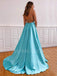 Aqua Satin V Neck Spaghetti Straps A-line Simple Backless Long Evening Prom Dresses, MR7591