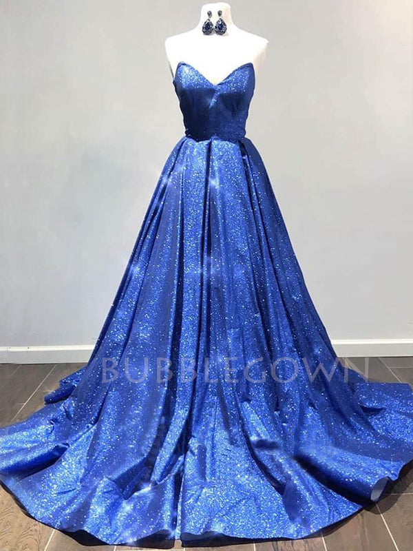 Strapless V Neck Royal Blue Sparkly A-line Long Evening Prom Dresses, Cheap Custom Dresses,MR7595