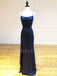 Navy Blue Satin V Neck Spaghetti Straps Long Evening Prom Dresses, Cheap Custom Prom Dresses, MR7596