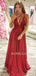 Deep V Ncek Sparkle A-Line Red Long Evening Prom Dresses, MR7598