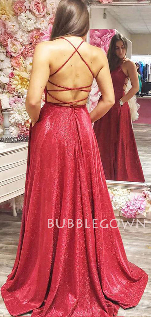 Deep V Ncek Sparkle A-Line Red Long Evening Prom Dresses, MR7598