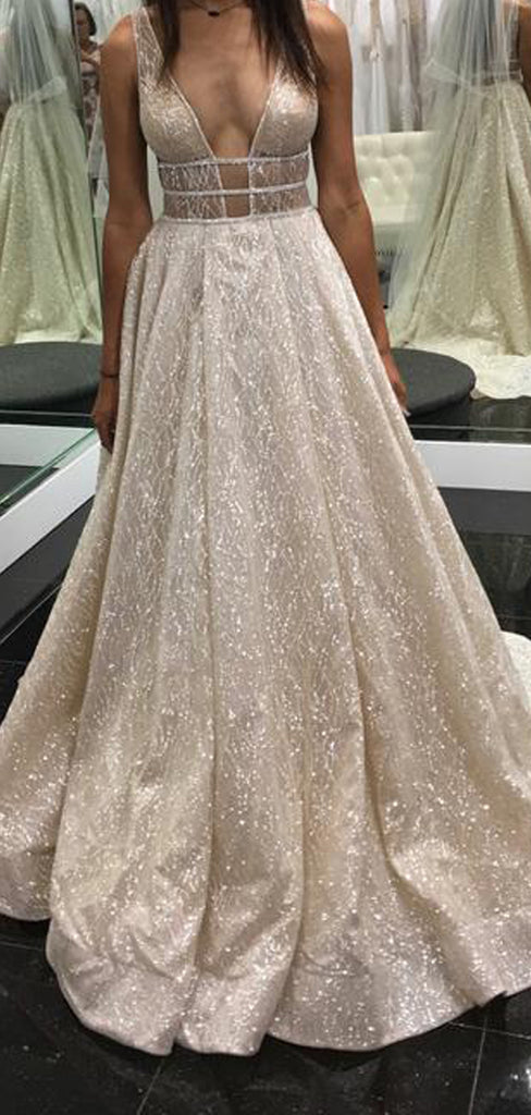 A-line See Throuth Deep V Neck Sparkly Long Evening Prom Dresses, Wedding  Dresses, MR7600