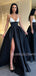 A-line Black Satin Spaghetti Straps Long V-neck Evening Prom Dresses, Cheap Custom prom dresses, MR7601