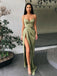 Spaghetti Straps Olive Green Satin Side Slit Long Evening Prom Dresses, Cheap Custom Prom Dresses, MR7603