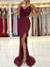 Burgundy Sequin Spaghetti Straps V Neck Mermaid Long Evening Prom Dresses, Cheap Custom Prom Dresses, MR7604