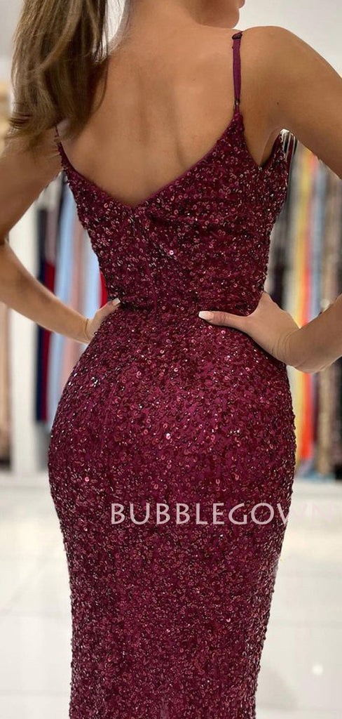 Burgundy Sequin Spaghetti Straps V Neck Mermaid Long Evening Prom Dresses, Cheap Custom Prom Dresses, MR7604