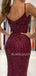 Burgundy Sequin Spaghetti Straps V Neck Mermaid Long Evening Prom Dresses, Cheap Custom Prom Dresses, MR7604