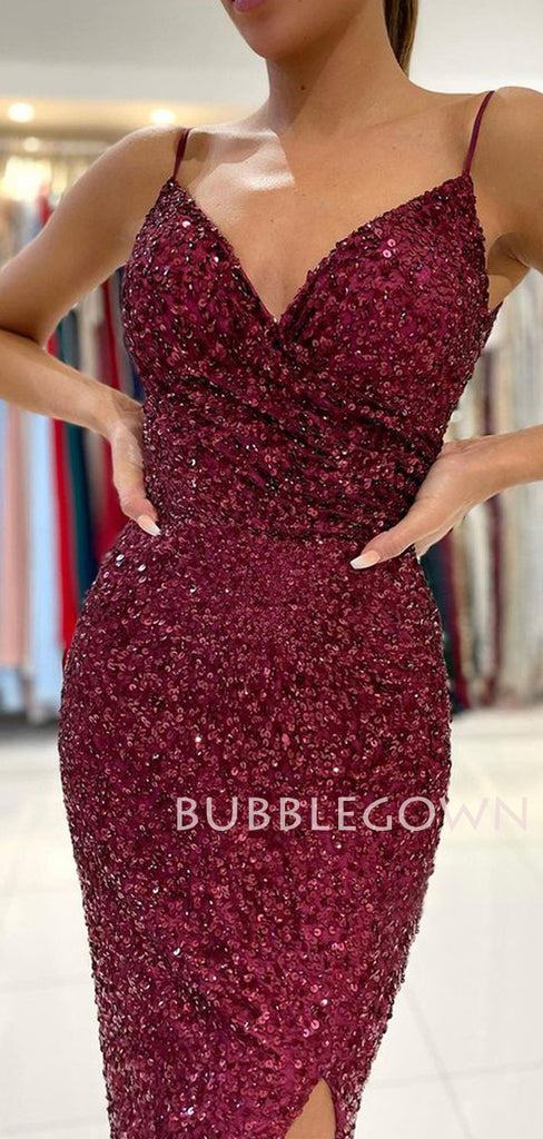 Burgundy Sequin Spaghetti Straps V Neck Mermaid Long Evening Prom Dresses, Cheap Custom Prom Dresses, MR7604