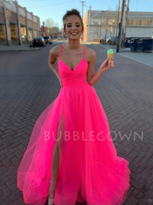 Hot Pink Tulle V-neck Pleat A-line Simple Spaghetti Straps Long Evening Prom Dresses, Cheap Custom Prom Dress, MR7608