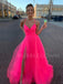 Hot Pink Tulle V-neck Pleat A-line Simple Spaghetti Straps Long Evening Prom Dresses, Cheap Custom Prom Dress, MR7608