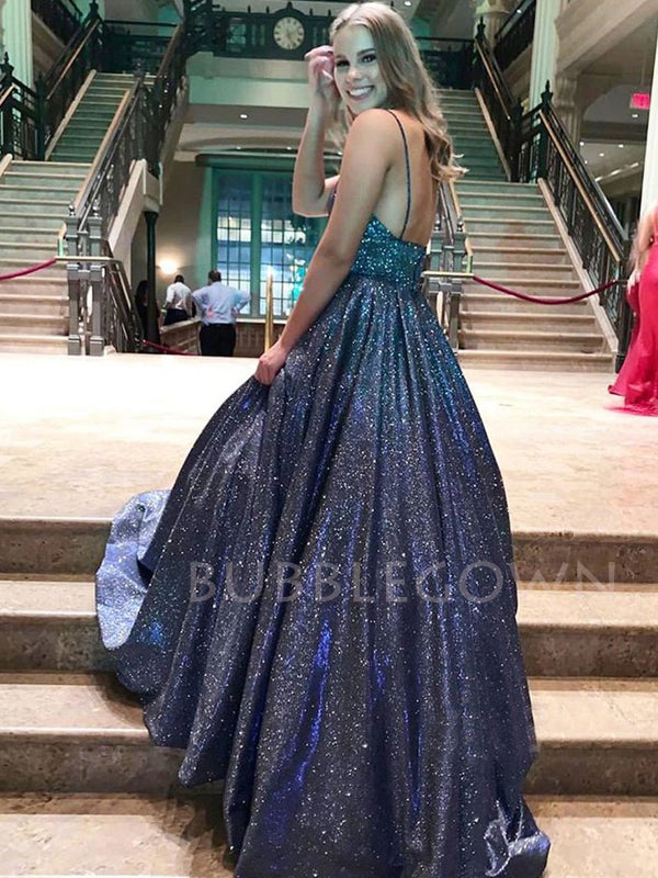 Spaghetti Straps V-neck A-Line Sparkly Long Backless Evening Prom Dresses, Cheap Custom Dresses,MR7610