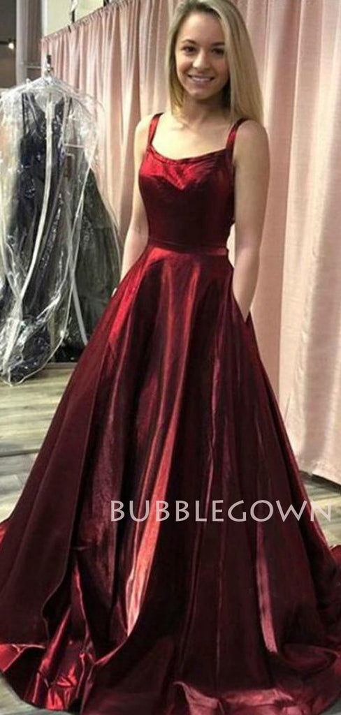 A-line Burgundy Satin Spaghetti Straps Backless Long Evening Prom Dresses, Cheap Custom prom dresses, MR7612