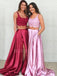 Two Pieces A-line Appliques Satin Long Evening Prom Dresses, Cheap Custom Prom Dresses, MR7614