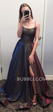 A-Line Spaghetti Straps Sparkly Side Slit Long Evening Prom Dresses, MR7618