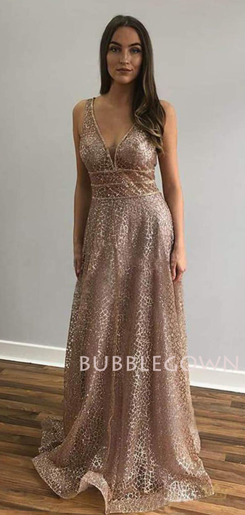 V-neck A-line Sequin Long Evening Prom Dresses, Cheap Custom Prom Dress, MR7621