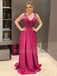 A-line Appliques Fuchsia Satin Long Beaded Evening Prom Dresses, Cheap Custom Prom Dresses, MR7623