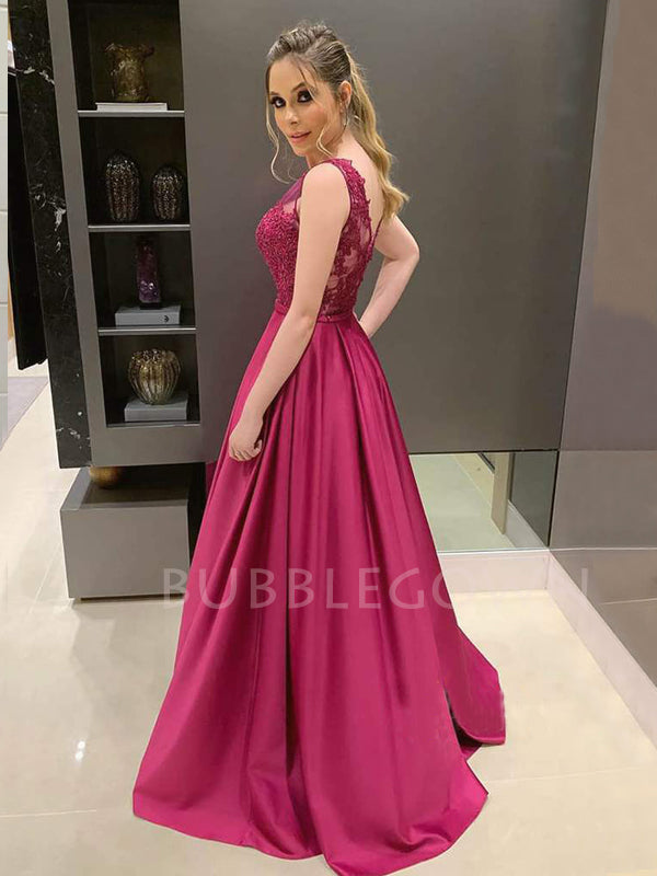 A-line Appliques Fuchsia Satin Long Beaded Evening Prom Dresses, Cheap Custom Prom Dresses, MR7623