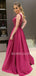 A-line Appliques Fuchsia Satin Long Beaded Evening Prom Dresses, Cheap Custom Prom Dresses, MR7623