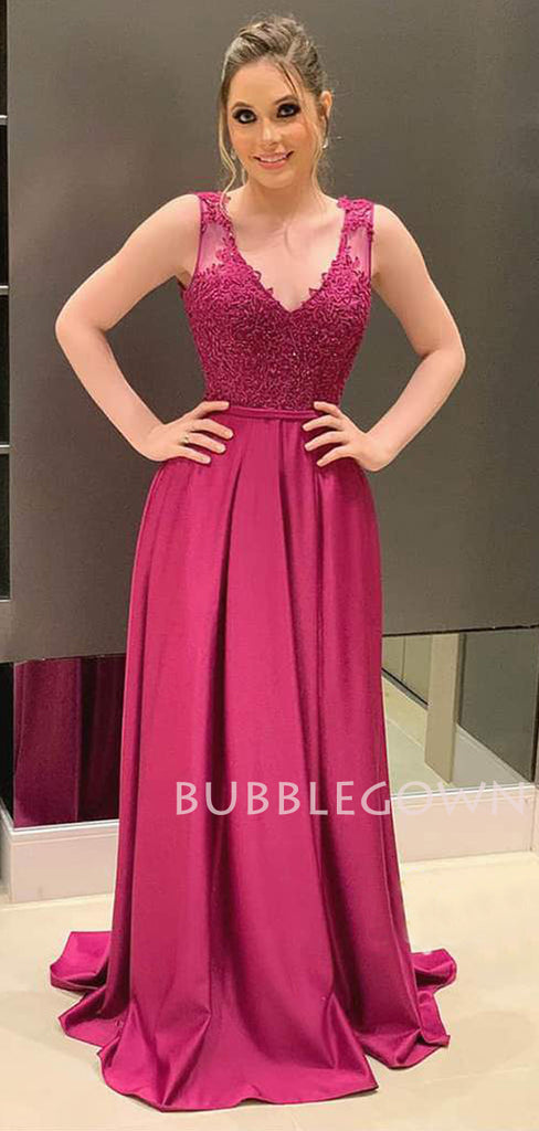 A-line Appliques Fuchsia Satin Long Beaded Evening Prom Dresses, Cheap Custom Prom Dresses, MR7623