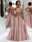 A-line V-neck Chic Appliques Tulle Long Beaded Evening Prom Dresses, Cheap Custom Prom Dresses, MR7624