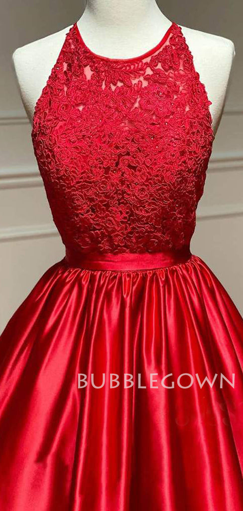 A-line Appliques Red Satin Lace Long Evening Prom Dresses, Cheap Custom Prom Dresses, MR7625