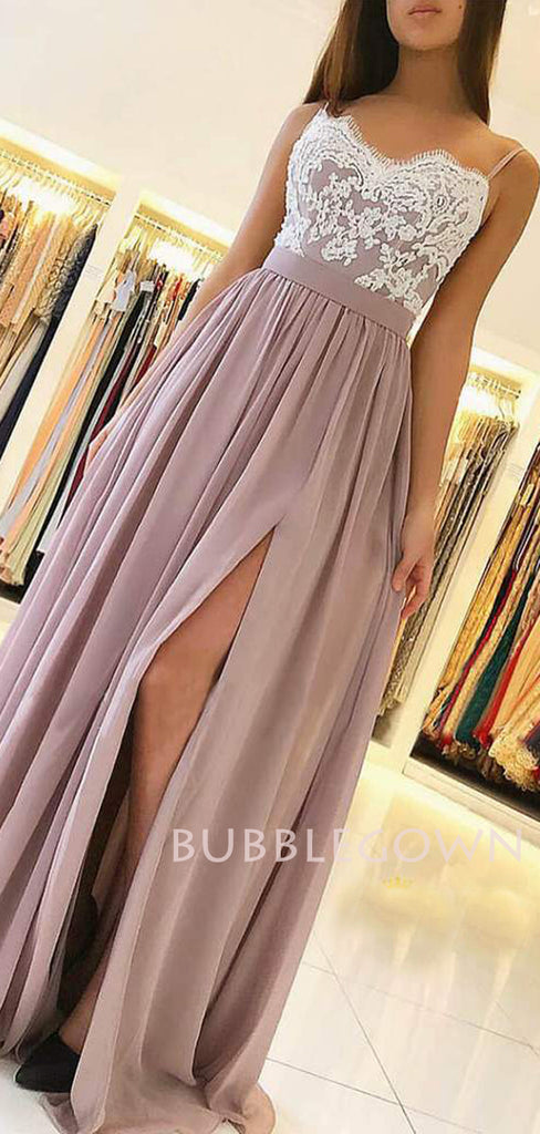 Copy of A-line Spaghetti Straps Chiffon Appliques Lace Long Evening Prom Dresses, Cheap Custom Prom Dresses, MR7628