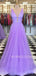 A-line Lavender Tulle Attractive V-neck Sparkle Long Evening Prom Dresses, Cheap Custom Dresses,MR7631