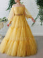 Off Shoulder Long Sleeves Yellow Tulle Long Evening Prom Dresses, Cheap Custom Prom Dress, MR7633