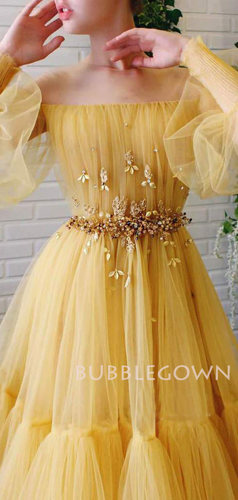 Off Shoulder Long Sleeves Yellow Tulle Long Evening Prom Dresses, Cheap Custom Prom Dress, MR7633