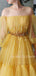 Off Shoulder Long Sleeves Yellow Tulle Long Evening Prom Dresses, Cheap Custom Prom Dress, MR7633