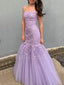 Lilac Tull Appliques Mermaid Spaghetti Straps Lace Long Evening Prom Dresses, MR7635