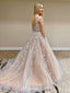 A-line Cap Sleeves Champagne Tulle Appliques Lace Long Evening Prom Dresses, Cheap Custom Prom Dresses, MR7637