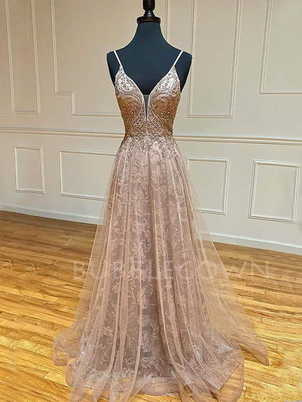 A-line Spaghetti Straps V-neck Beaded Long Evening Prom Dresses, Cheap Custom Prom Dress, MR7639