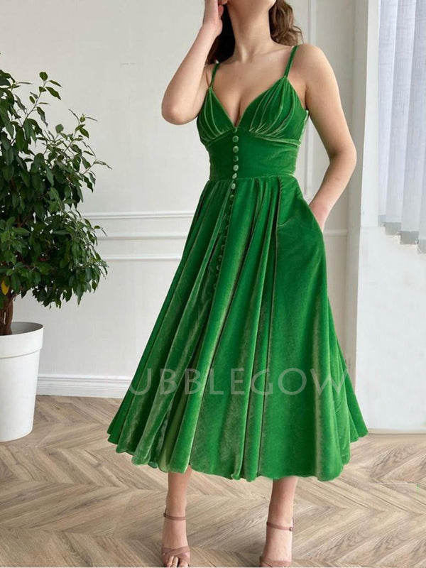 Women's Spaghetti Straps Green Velvet Vintage Long Evening Prom Dresses, Cheap Custom Prom Dresses, MR7640