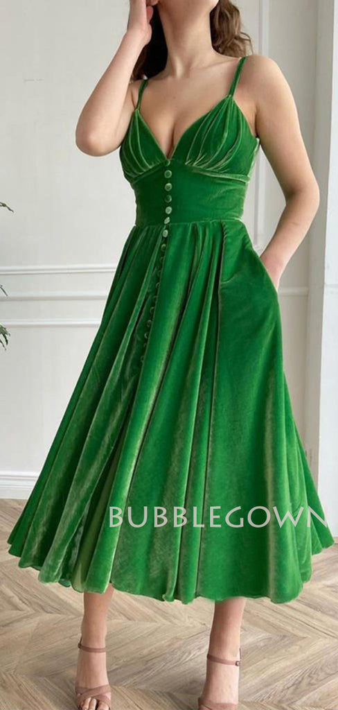 Women's Spaghetti Straps Green Velvet Vintage Long Evening Prom Dresses, Cheap Custom Prom Dresses, MR7640