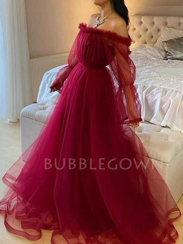 Off Shoulder Long Sleeves Burgundy Tulle Long Evening Prom Dresses, Cheap Custom Prom Dress, MR7641