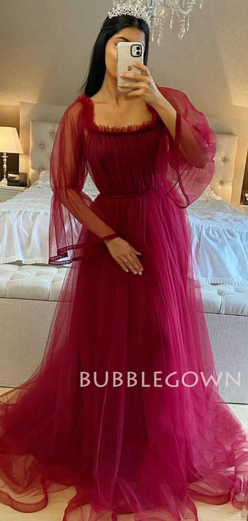 Off Shoulder Long Sleeves Burgundy Tulle Long Evening Prom Dresses, Cheap Custom Prom Dress, MR7641