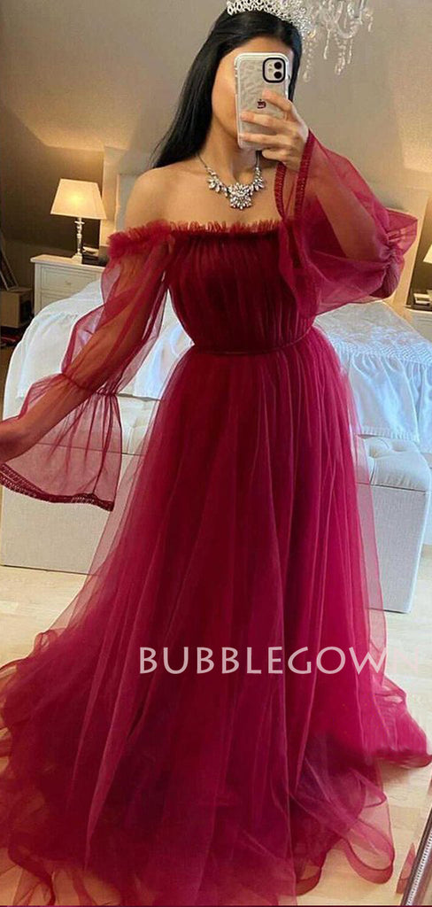 Off Shoulder Long Sleeves Burgundy Tulle Long Evening Prom Dresses, Cheap Custom Prom Dress, MR7641