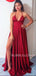 Burgundy Elastic Satin V Neck High Split Sexy Long Evening Prom Dresses, MR7642