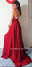 Burgundy Elastic Satin V Neck High Split Sexy Long Evening Prom Dresses, MR7642