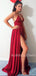 Burgundy Elastic Satin V Neck High Split Sexy Long Evening Prom Dresses, MR7642