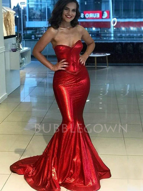 Mermaid V-neck Red Sparkly Long Straps Evening Prom Dresses, MR7644