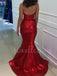 Mermaid V-neck Red Sparkly Long Straps Evening Prom Dresses, MR7644