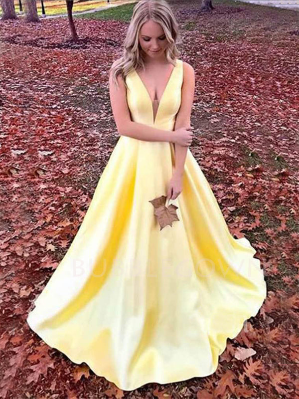 A-line Yellow Satin V Neck Long V-back Evening Prom Dresses, Cheap Custom prom dresses, MR7646