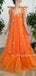 A-line Orange Tulle Spaghetti Straps Appliques Long Evening Prom Dresses, Cheap Custom Prom Dress, MR7647