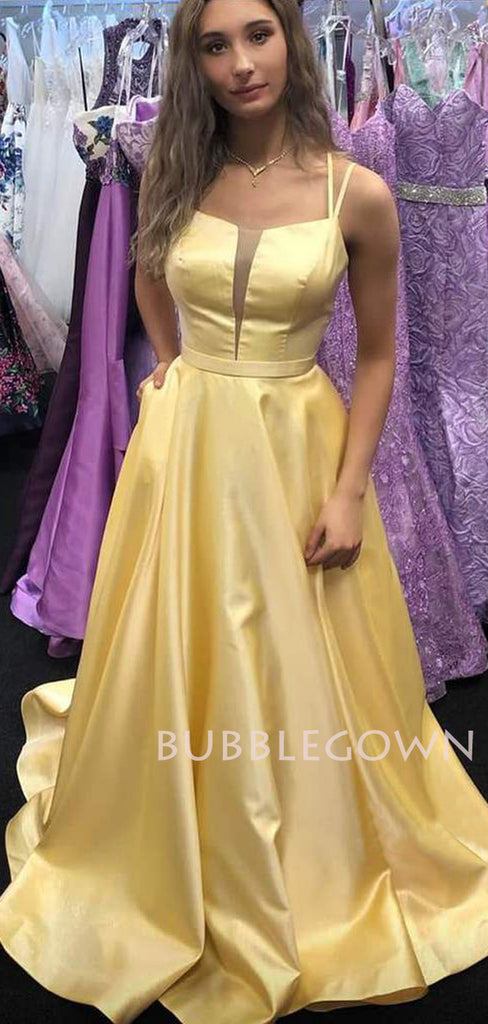 A-line Yellow Satin Spaghetti Straps V Neck Long Evening Prom Dresses, Cheap Custom prom dresses, MR7648