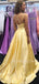 A-line Yellow Satin Spaghetti Straps V Neck Long Evening Prom Dresses, Cheap Custom prom dresses, MR7648