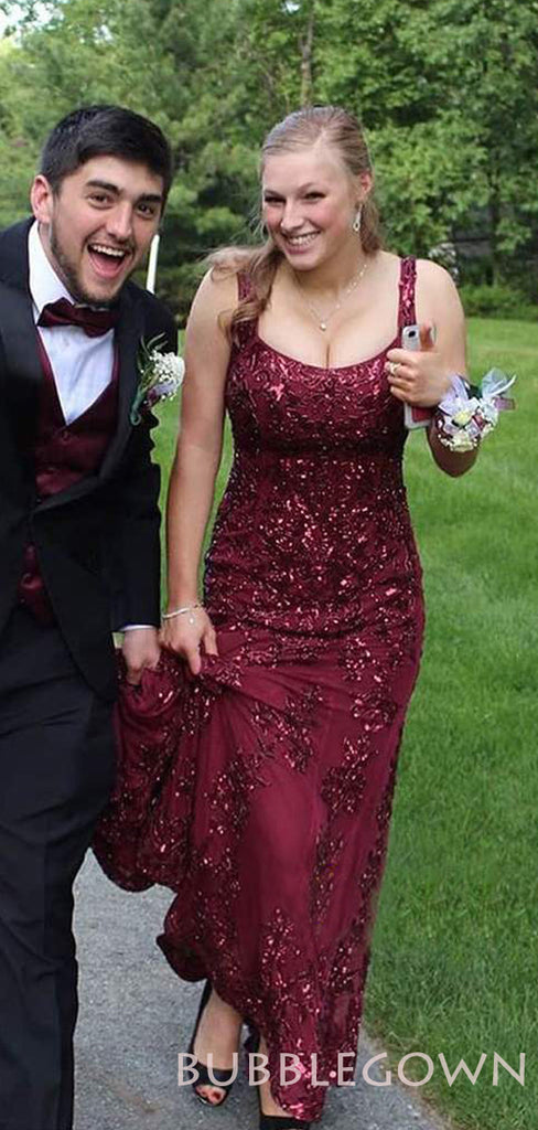 Burgundy Lace Tulle Appliques Spaghetti Straps Mermaid Long Evening Prom Dresses, MR7655